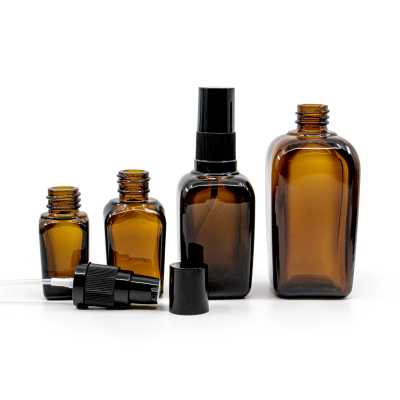 Amber Glass Square Bottle, Black Lotion Pump with Black Overcap, 20 ml