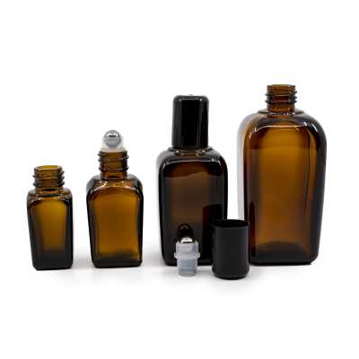 Amber Glass Square Bottle with Roll-On, 10 ml