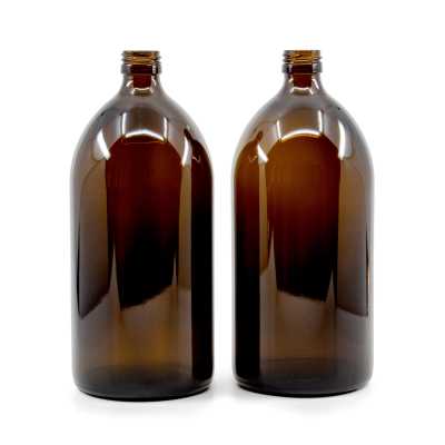 Amber Round Boston Glass Bottle, PP28, 1000 ml, 14 pieces