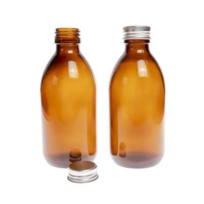 Amber Round Sirup Glass Bottle, Silver Aluminium Cap, 250 ml