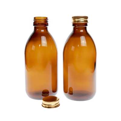 Amber Round Sirup Glass Bottle, Gold Aluminium Cap, 250 ml