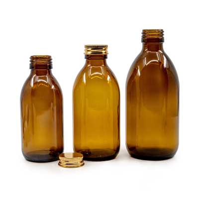 Amber Round Boston Glass Bottle, Gold Aluminium Cap, 500 ml