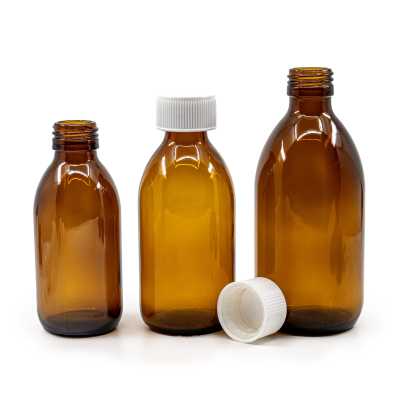 Amber Round Sirup Glass Bottle, 28 mm, White Safety Cap, 100 ml