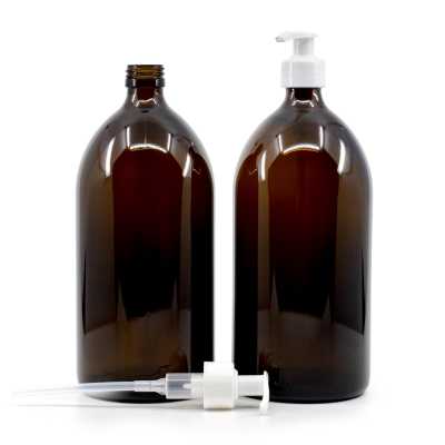 Amber Round Sirup Glass Bottle, 28 mm, White Pump, 1 l