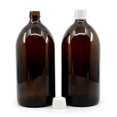 Amber Round Sirup Glass Bottle, 28 mm, White Cap, 1 l
