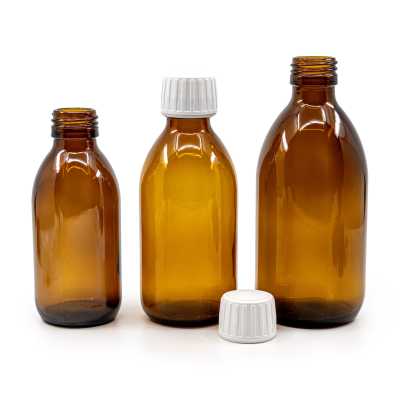 Amber Round Sirup Glass Bottle, PP28, White Cap, 150 ml