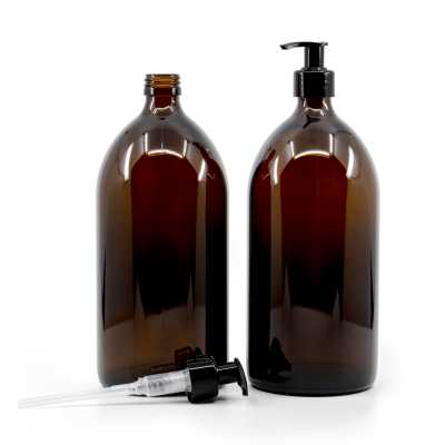 Amber Round Sirup Glass Bottle, 28 mm, Black Smooth Pump, 1 l