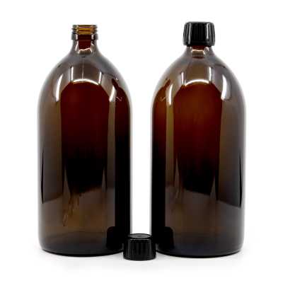 Amber Round Sirup Glass Bottle, 28 mm, Black Cap, 1 l