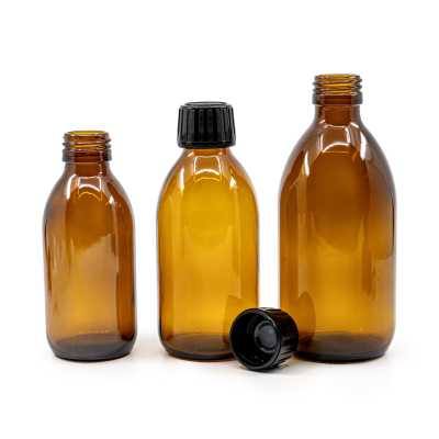 Amber Round Sirup Glass Bottle, 28 mm, Black Cap, 100 ml