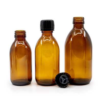 Amber Round Sirup Glass Bottle, PP28, Black Cap & Pourer, 150 ml