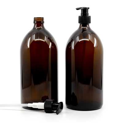 Amber Round Sirup Glass Bottle, Black Ribbed Pump, 1 l