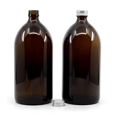 Amber Round Boston Glass Bottle, Silver Aluminium Cap, 1 l
