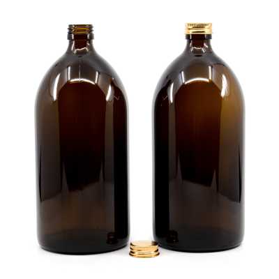 Amber Round Boston Glass Bottle, Gold Aluminium Cap, 1 l