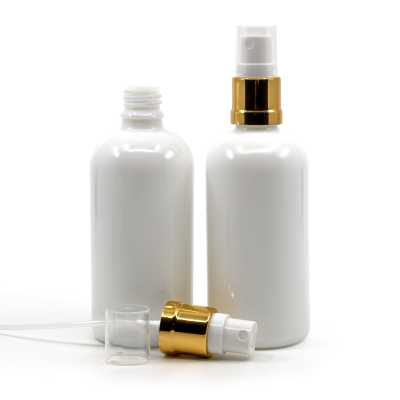 White Glass Bottle, Shiny Golden Sprayer, 100 ml