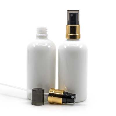 White Glass Bottle, Shiny Golden Black Sprayer, 100 ml