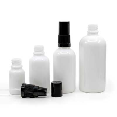 White Glass Bottle, Black Lotion Pump, Black Overcap, 100 ml
