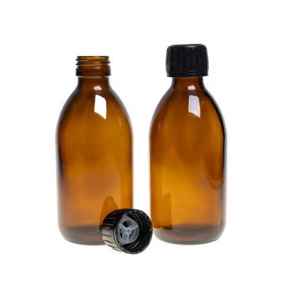 Amber Round Sirup Glass Bottle, Black Cap & Pourer, 250 ml