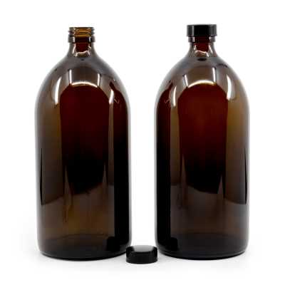 Amber Round Boston Glass Bottle, Black Cap, 1000 ml