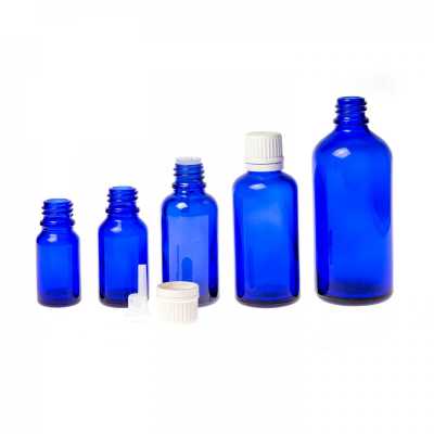 Blue Glass Bottle, White Tamper Evident Cap & Dropper, 15 ml