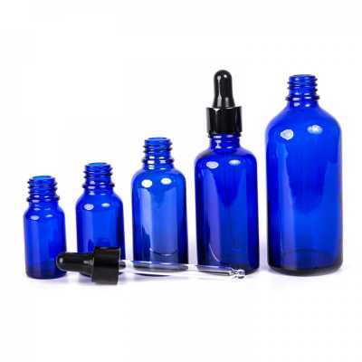 Blue Glass Bottle, Glossy Black Dropper, 10 ml