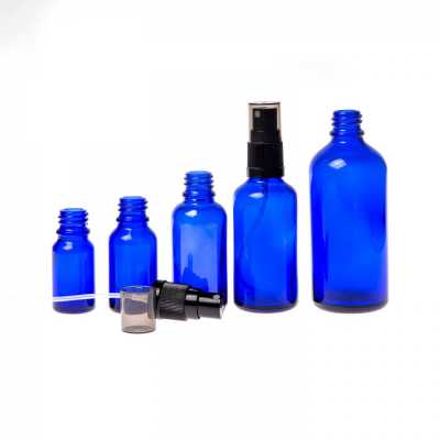 Blue Glass Bottle, Black Fine Mist Sprayer, Smoky Overcap, 15 ml