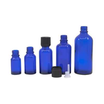 Blue Glass Bottle, Black Safety Cap & Dropper 100 ml