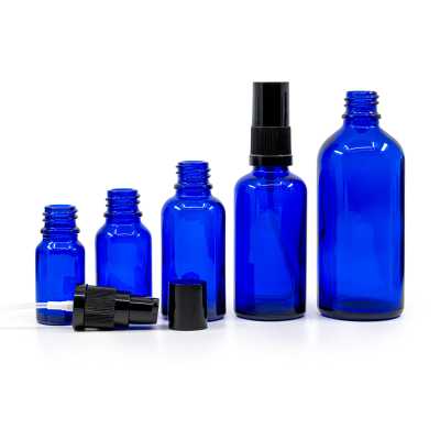 Blue Glass Bottle, Black Lotion Pump with Black Overcap, 15 ml