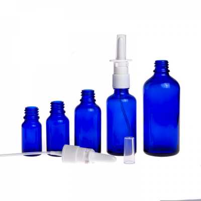 Blue Glass Bottle, White Nasal Spray, 30 ml