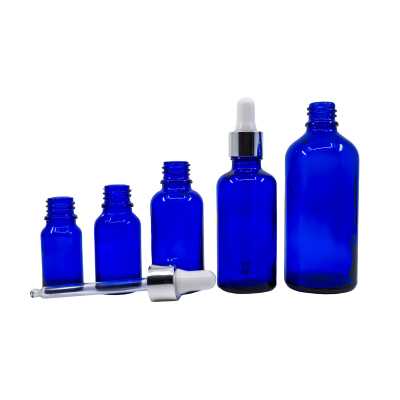 Blue Glass Bottle, Glossy Silver Dropper, 10 ml
