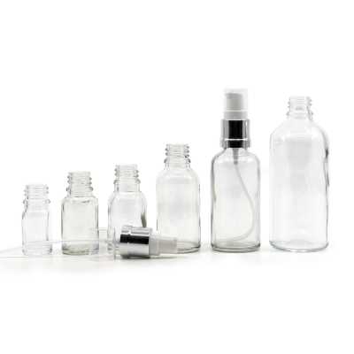 Clear Glass Bottle, Glossy Silver White Pump, 10 ml