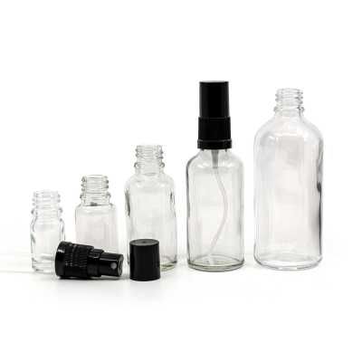 Clear Glass Bottle, Black Fine Mist Sprayer, Black Overcap, 10 ml