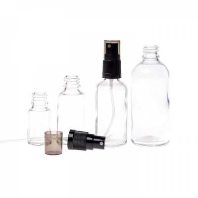 Clear Glass Bottle, Black Fine Mist Sprayer, Smoky Overcap, 15 ml