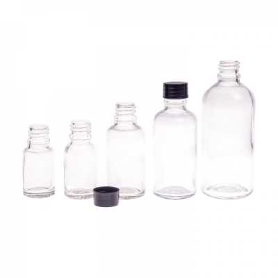 Clear Glass Bottle, Black Cap, 30 ml