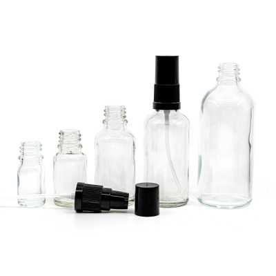 Clear Glass Bottle, Black Lotion Pump with Black Overcap, 15 ml