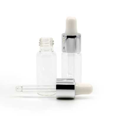 Clear Round Glass Bottle, 13/410, Glossy Silver White Dropper, 6 ml