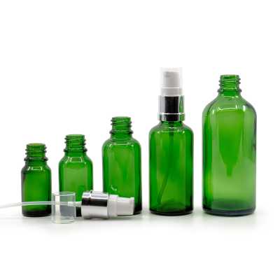 Green Glass Bottle, Glossy Silver White Pump, 15 ml