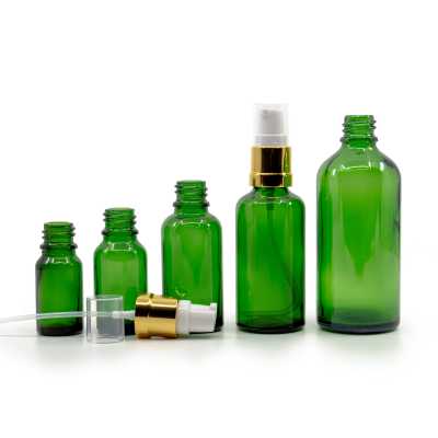 Green Glass Bottle, Glossy Golden White Pump, 100 ml