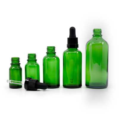 Green Glass Bottle, Matte Black Dropper With Shiny Strip, 15 ml