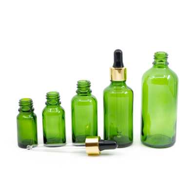 Green Glass Bottle, Gold Black Dropper, 15 ml