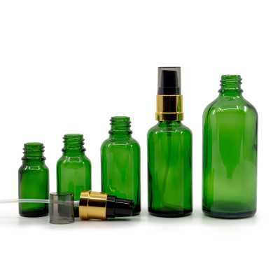 Green Glass Bottle, Glossy Golden Black Pump, 100 ml
