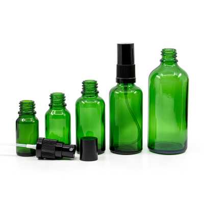Green Glass Bottle, Black Fine Mist Sprayer, Black Overcap, 10 ml