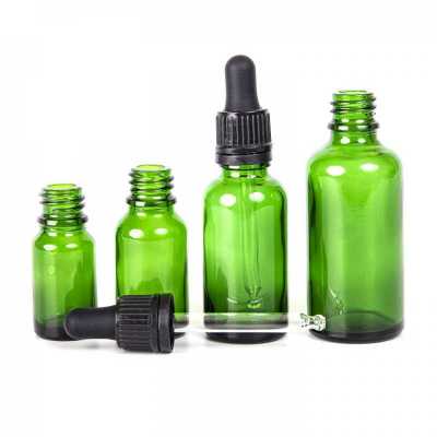 Green Glass Bottle, Black Tamper Evident Dropper, 15 ml