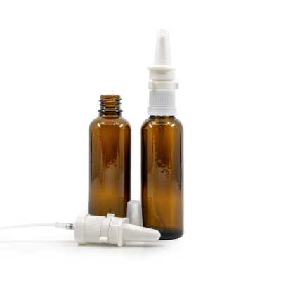 Amber Glass Bottle, Slim, White Nasal Spray, 50 ml