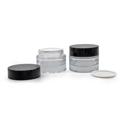 Thick Clear Cosmetic Glass Jar, Black Plastic Lid & Gasket, 50 ml