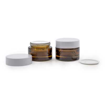 Amber Cosmetic Glass Jar, White Lid & Gasket, 25 ml